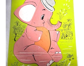 Vintage Green Playskool 275-36 Pink Elephant Wooden Puzzle