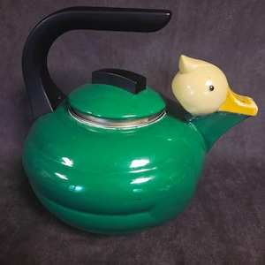 May include: A green teapot with a black handle and a duck-shaped spout. The duck has a yellow beak and a cream-colored head. The teapot has a silver rim and a black lid.