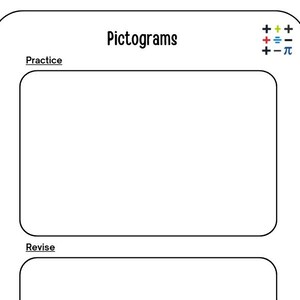 Puede incluir: Una hoja de trabajo blanca titulada Pictograms con una pequeña cuadrícula de símbolos matemáticos coloridos en la esquina superior derecha. La página presenta dos grandes cajas rectangulares vacías etiquetadas Practice y Revise.