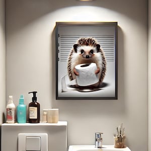 Poster carino per il bagno – Riccio con carta igienica, Download digitale divertente