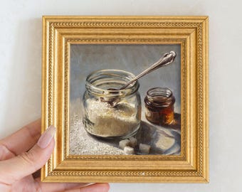 Still life Sugar and Honey Oil Painting, Small Frame Original Art, Kitchen Wall Art Decor, Gift For Friend, 5X5Hand Painted Artwork