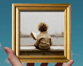 Piccolo dipinto a olio, opera d'arte originale dipinta a mano, figura astratta, elegante decorazione da parete, cornice dorata vintage 5X5, regalo per amico, ragazzo che legge