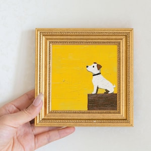 Peinture à l&#39;huile de chien dans un cadre doré, chiot original peint à la main dans les escaliers, oeuvre d&#39;art murale originale pour la maison, la chambre de bébé, la décoration de bureau et le cadeau pour les amoureux des chiens