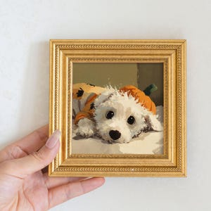 Hand-Painted Curious Puppy Peeking Oil Painting in Gold Frame |  Mini Dog Wall Art for Home, Office, Nursery & Perfect Gift for Dog Lovers