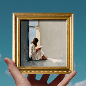 Original Reading Girl Oil Painting, Small Frame Figure Art, Elegant Woman Wall Art Decor, Hand Painted 5X5 Artwork,Christmas Gift for Friend