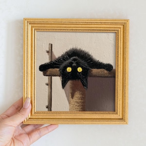 Mini Black Cat Oil Painting in Gold Frame, Quirky Gift for Cat Lovers and Wall Decor Fans, Original Painting for House  and Office Decor