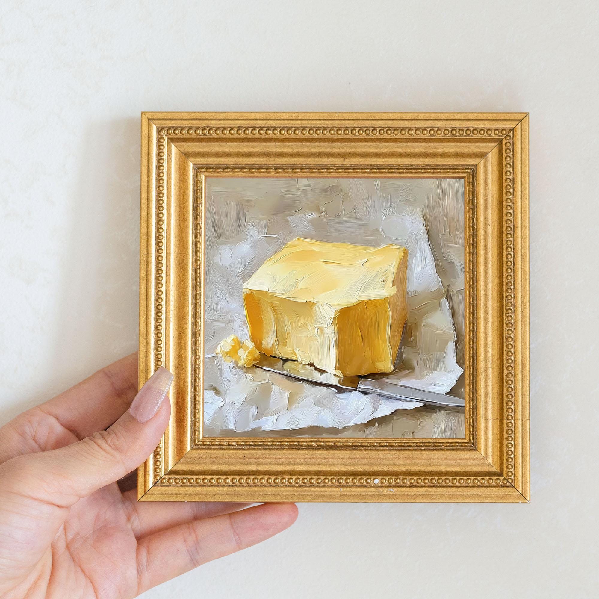 Small Irish Butter Oil Painting in Gold Frame, Still Life Art Gift for Wall Decor Lover, Original Painting for French Kitchen and Bar Decor