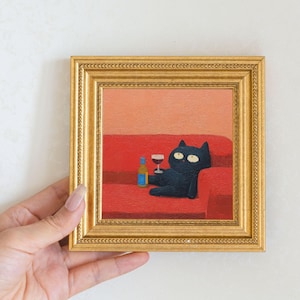 Mini Drunk Cat Oil Painting in Gold Frame, Quirky Gift for Cat Lovers and Wall Decor Fans, Original Painting for House  and Office Decor