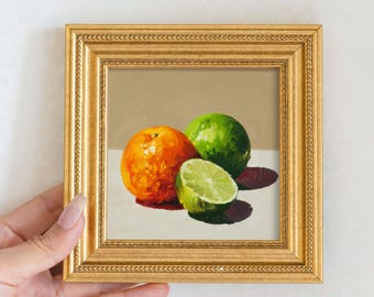 Still life Lime Oil Painting, Small Frame Original Art, Dining Room Wall Art Decor, Christmas Gift For Friend, 5X5Hand Painted Artwork