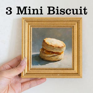 Mini nature morte au fromage, peinture à l'huile, oeuvre d'art murale de cuisine rustique dans un cadre en perles dorées, oeuvre d'art peinte à la main sur la nourriture, cadeau de décoration d'intérieur pour les gourmets 3 Mini Biscuit