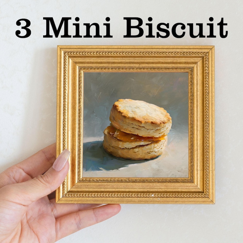 Mini nature morte au fromage, peinture à l'huile, oeuvre d'art murale de cuisine rustique dans un cadre en perles dorées, oeuvre d'art peinte à la main sur la nourriture, cadeau de décoration d'intérieur pour les gourmets 3 Mini Biscuit