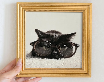 Hand-Painted Black Cat Oil Painting: Living Room Wall Art Decor, Kitty Portrait Gift