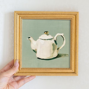 Tetera blanca, pintura al óleo original, cuadro pequeño enmarcado para pared, lienzo pintado a mano, decoración de cocina, arte para amantes del té, regalo para los amantes del té.