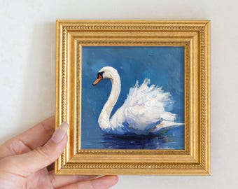 Original Swan Oil Painting: Mini Elegant Bird Living Room Wall Art Decor Gift