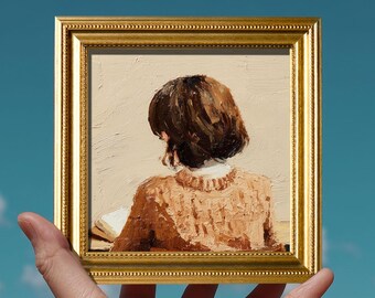 Original Reading Girl Oil Painting, Hand Painted Figure Artwork, Small 5X5 Frame, Dynamic Sports Wall Art Decor, Gift for Friend