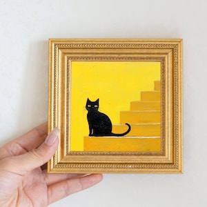 Mini Black Cat Oil Painting in Gold Frame, Quirky Gift for Cat Lovers and Wall Decor Fans, Original Painting for House  and Office Decor