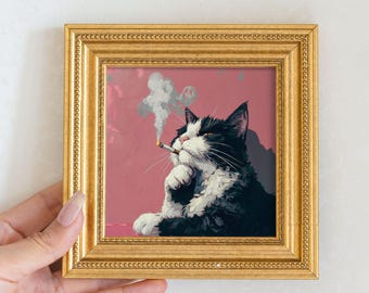 Original rauchende Katze Ölgemälde, kleine Tier Wandkunst, Wohnzimmer Wand Kunst Dekor, Geschenk für Katzenliebhaber, 5X5 Kitty handgemaltes Porträt