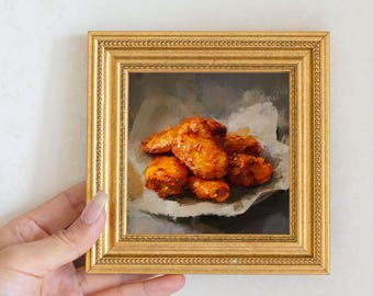 Fried Chicken Wing Oil Painting in Gold Frame, Still Life Art Gift for Wall Decor Lover and Foodie, Original Painting for Kitchen Decor