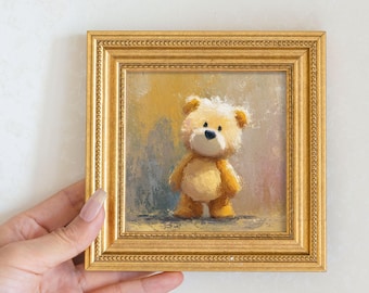 Miniature Bear Oil Painting: Golden Beaded Frame, Nursery Wall Art