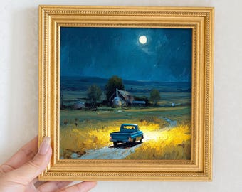 Dipinto ad olio "Strada di campagna al chiaro di luna", dipinto a mano: decorazione per la parete del soggiorno, regalo per l'inaugurazione della casa.