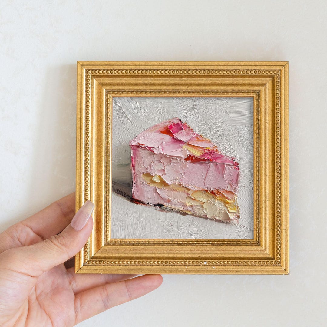 Still Life Pink Cake Oil Painting: Kitchen Wall Art Decor, 5X5 Artwork ...
