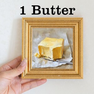 Mini nature morte au fromage, peinture à l'huile, oeuvre d'art murale de cuisine rustique dans un cadre en perles dorées, oeuvre d'art peinte à la main sur la nourriture, cadeau de décoration d'intérieur pour les gourmets 1 Butter