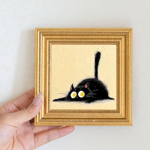 Mini Black Cat Oil Painting in Gold Frame, Quirky Gift for Cat Lovers and Wall Decor Fans, Original Painting for House  and Office Decor