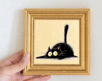 Mini Black Cat Oil Painting in Gold Frame, Quirky Gift for Cat Lovers and Wall Decor Fans, Original Painting for House and Office Decor
