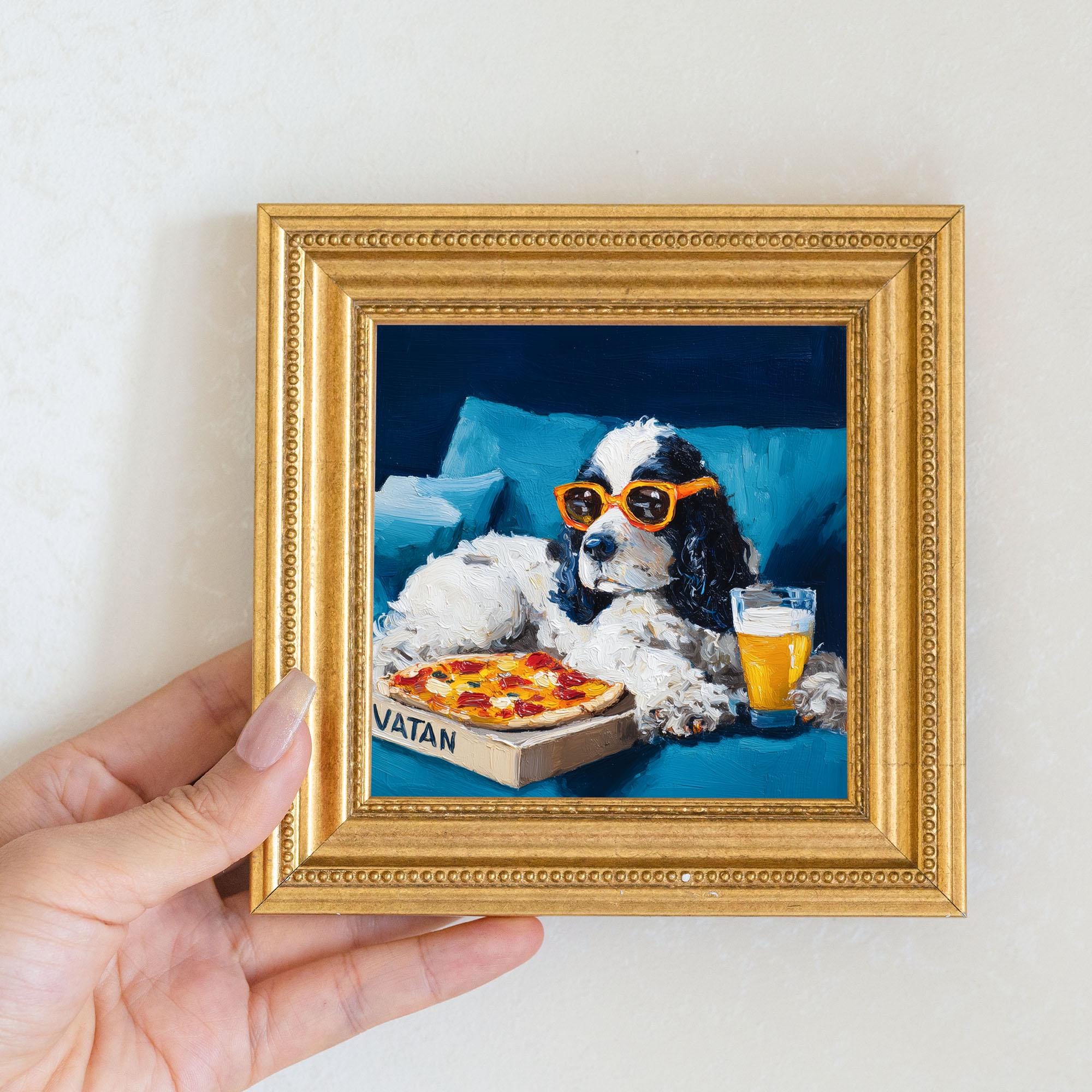 Mini  Spaniel Dog Oil Painting in Gold Frame, Hand-Painted Puppy Wall Art for Home, Office, Bar & Gift for Dog Lovers and Pet Lovers