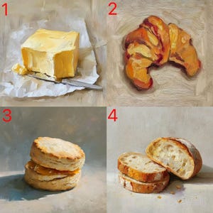Op de afbeelding: Olieverfschilderij met ontbijtproducten: een blok boter op papier met een mes, een gouden croissant, twee koekjes en twee sneetjes brood. Het kunstwerk gebruikt warme kleuren en richt zich op textuur.