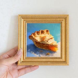 Small Apple Pie Slice Oil Painting in Gold Frame, Cozy Kitchen Decor for Fall, Realistic Dessert Art Gift for Foodie or Baker, Housewarming