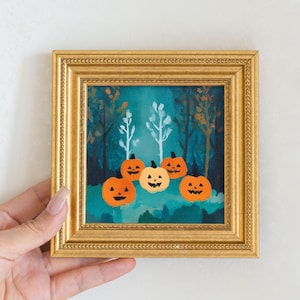 Hand Painted Pumpkin Forest Oil Painting, Small Original Framed Gallery Art, Living Room Decor, Gift for Halloween Fans