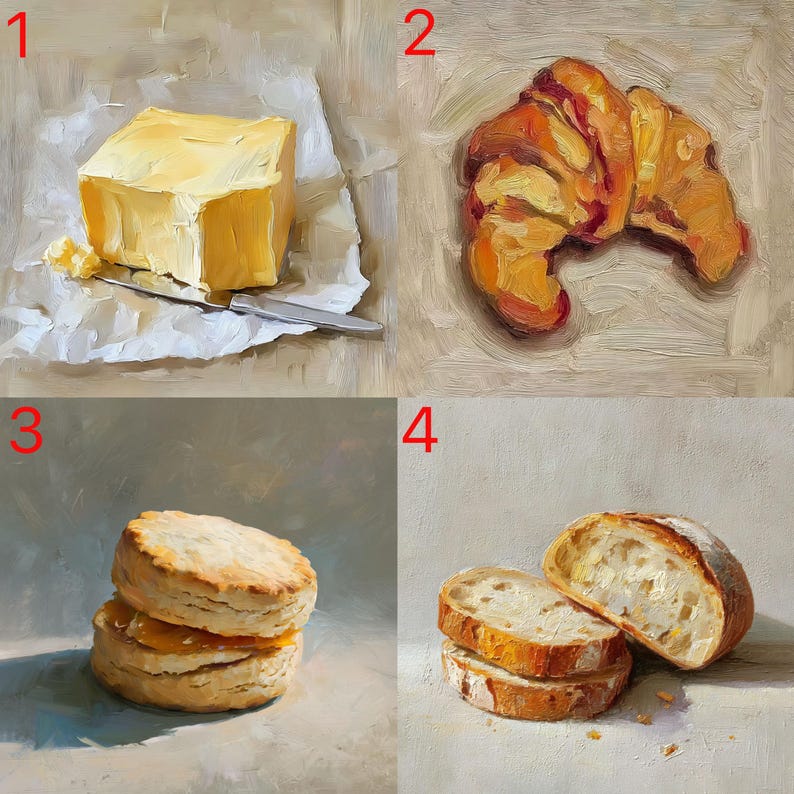 May include: Oil painting of breakfast foods, including a block of butter on parchment paper with a knife, a golden croissant, two biscuits, and slices of bread. The artwork features warm colors and a focus on texture.