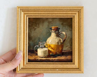 Still life Milk Jug Oil Painting, Small Frame Original Art, Dining Room Wall Art Decor, Christmas Gift For Friend, 5X5Hand Painted Artwork