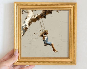 Dipinto originale ad olio di una ragazza sull'altalena, piccola opera d'arte figurativa dipinta a mano, elegante decorazione murale con donna, regalo di Natale per un'amica