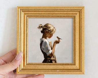 Quadro originale a olio "Ragazza con uccellino", piccola opera d'arte da parete per bambini con cornice, tela dipinta a mano, decorazione per la stanza studio, regalo per bambini
