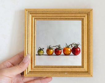 アンティーク品　絵画　油絵　トマト 鮮やかなトマトのキャンバス油絵：オリジナルのキッチン装飾と家族への