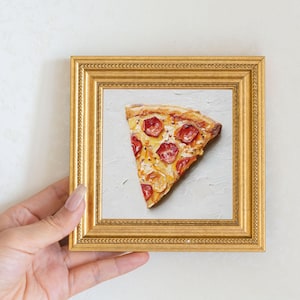 Mini Pepperoni Pizza Slice Oil Painting in Gold Frame | Small Kitchen Wall Art for Chefs & Pizza Lovers Gift| Still Life Painting Bar Decor