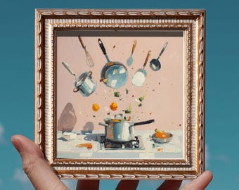 Still life Kitchen Utensils Oil Painting, Original Hand Painted, 5X5 Small Frame, Dining Room Wall Art Decor, Christmas Gift For Friend