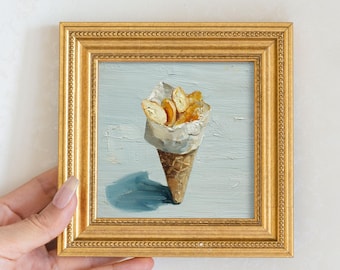 Cone Bread Snack Still Life Oil Painting, Original Food Framed Art, Framed Wall Art, Hand Painted Canvas, Kitchen Decor, Gift for Foodie