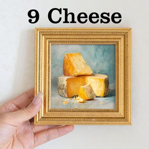 Mini nature morte au fromage, peinture à l'huile, oeuvre d'art murale de cuisine rustique dans un cadre en perles dorées, oeuvre d'art peinte à la main sur la nourriture, cadeau de décoration d'intérieur pour les gourmets 9 Cheese