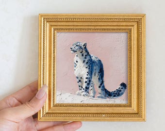 Mini Schnee Leopard Ölgemälde: Goldener Perlen Rahmen, Handgemaltes Tierportrait