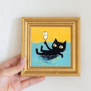 Mini Cool Cat Oil Painting in Gold Frame, Quirky Gift for Cat Lovers and Wall Decor Fans, Original Painting for House  and Office Decor