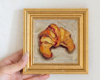 Mini Croissant Oil Painting in Gold Frame | Small French Bakery Wall Art for Kitchen & Cafe | Still Life Art Gift for Wall Art Decor Lover