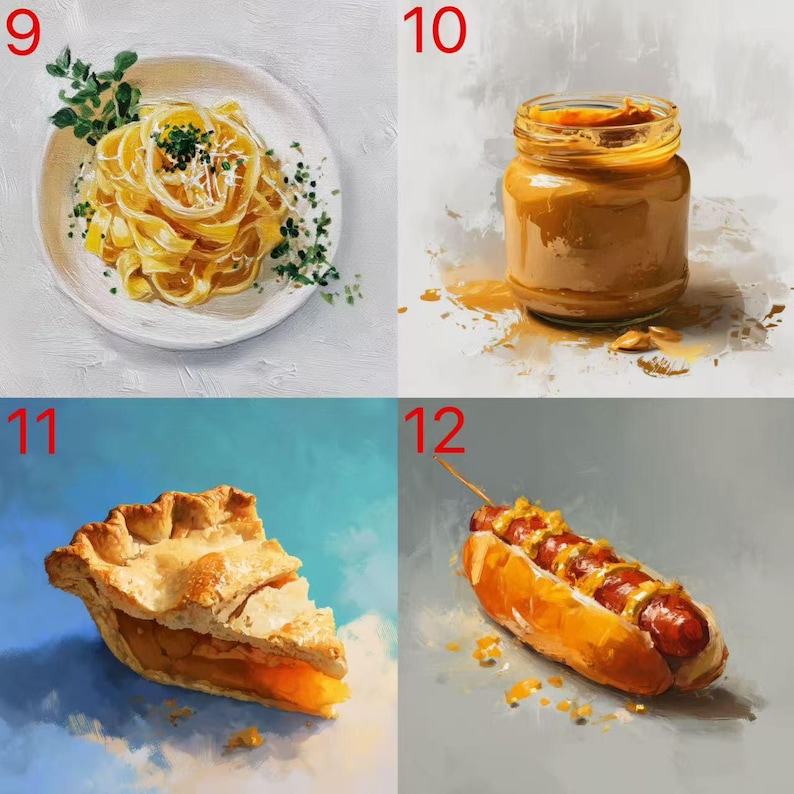 May include: A plate of pasta with herbs and cheese, a jar of peanut butter, a slice of peach pie, and a hot dog with mustard. The image is a painting with a food theme.