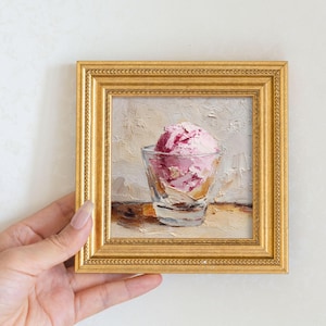 Still Life Ice Cream Oil Painting: Kitchen Wall Art Decor, 5X5 Artwork Gift