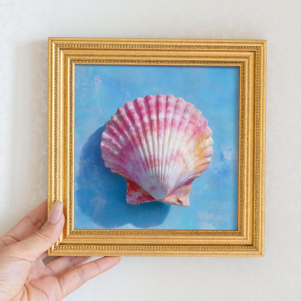 手描きのホタテ貝油絵：リビングルームの壁アート装飾、5x5新築祝いのギフト