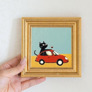Mini Cool Cat Oil Painting in Gold Frame, Quirky Gift for Cat Lovers and Wall Decor Fans, Original Painting for House  and Office Decor
