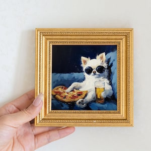 Mini Fluffy White Dog Oil Painting in Gold Frame, Hand-Painted Puppy Wall Art for Home, Office, Bar & Gift for Dog Lovers and Pet Lovers