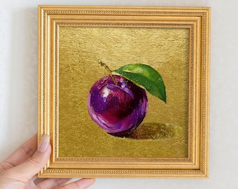 Stilleven pruim olieverfschilderij: keuken muurkunst decor, 5 x 5 housewarming cadeau